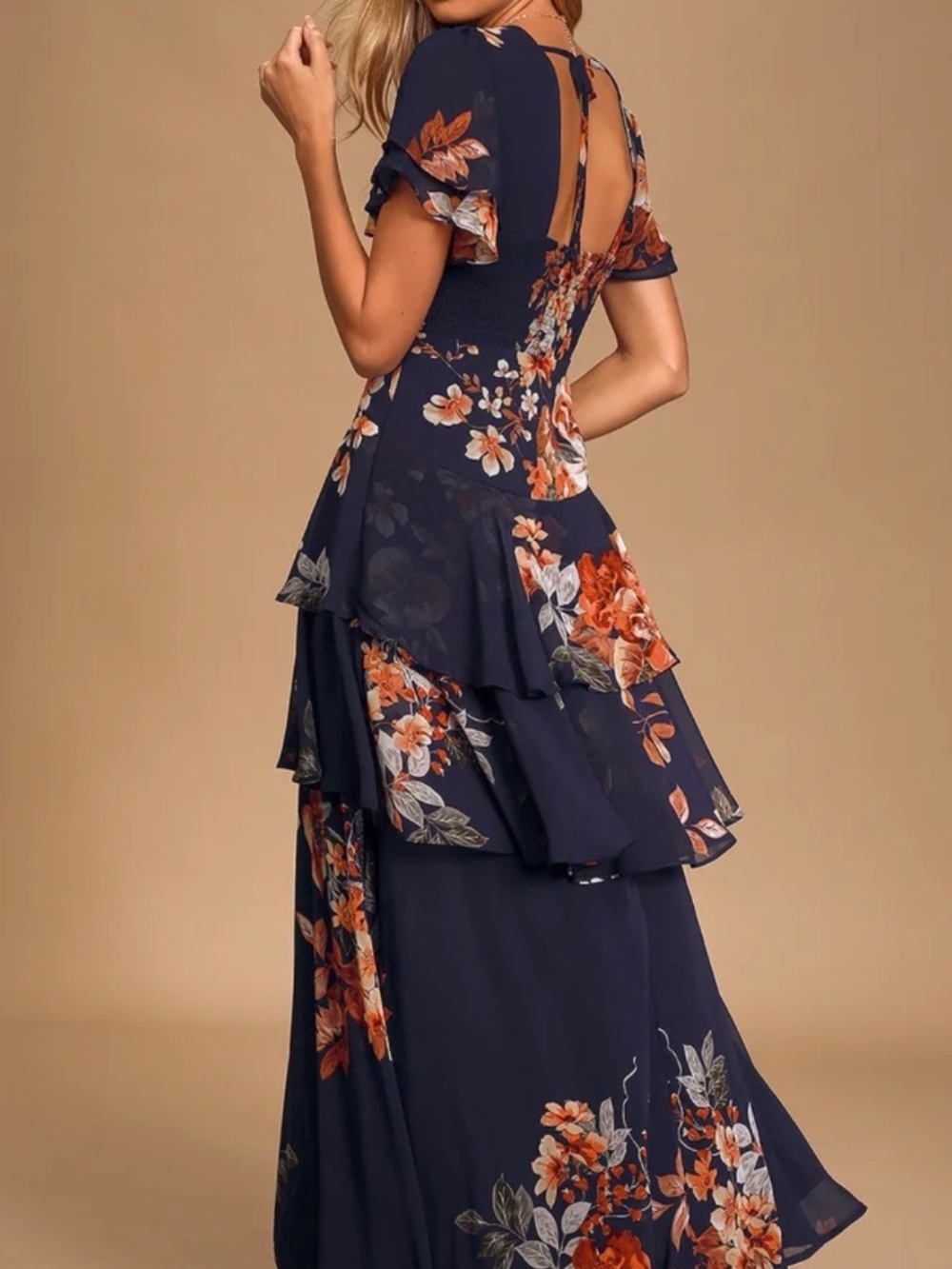 Lulus Midnight Mood Navy Blue Floral Print Tiered Maxi Dress - Size L - Picture 5 of 8